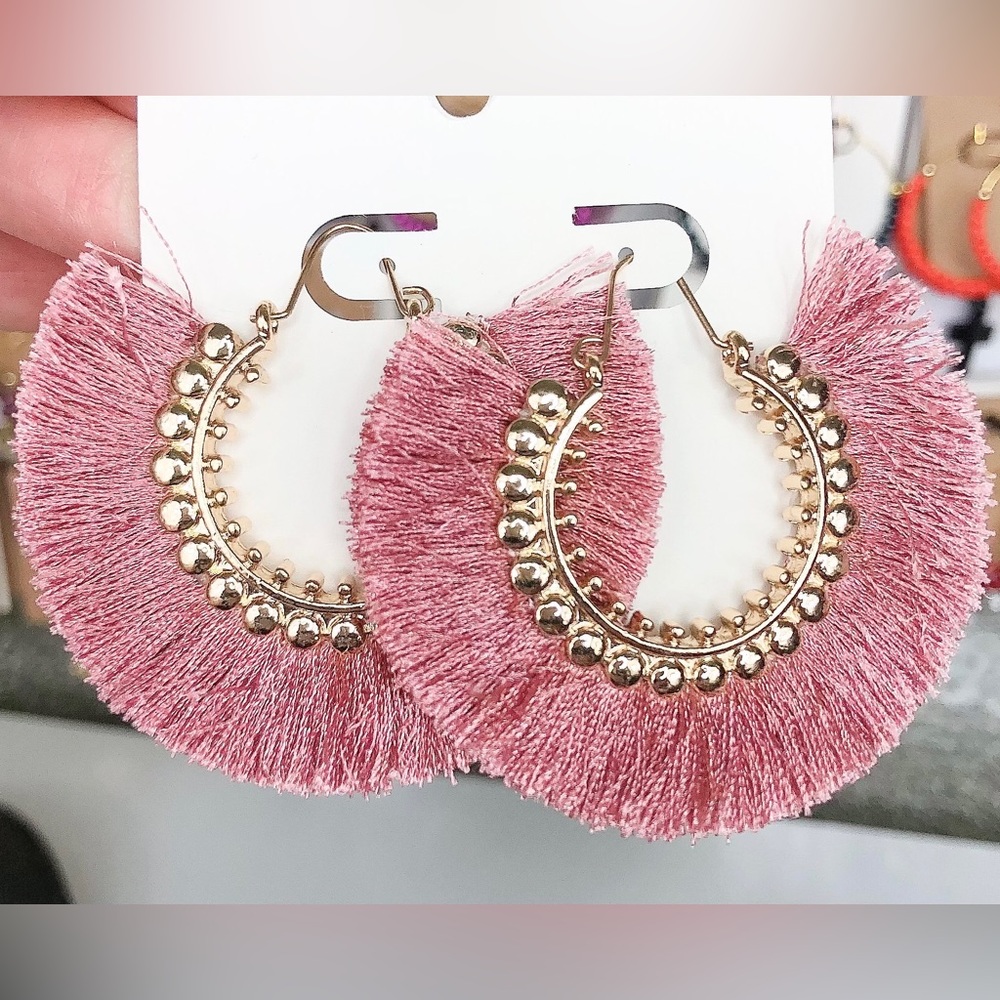Gold light mauve pink like color tassel earrings